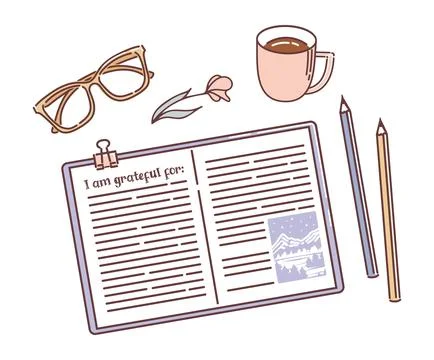 Gratitude journal. Vector illustration. Notepad, pencils and a cup of tea Stock Illustration