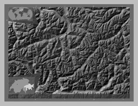 Graubunden, Switzerland. Grayscale elevation map with lakes and rivers 스톡 일러스트