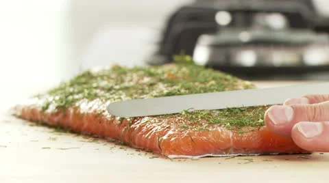 Gravad lax being sliced Stock Footage 24650256