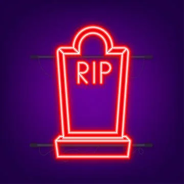 Grave icon flat design. Old gravestone with cracks. Neon style. Vector Stock Illustration