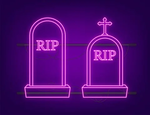 Grave icon flat design. Old gravestone with cracks. Neon style. Vector Stock Illustration