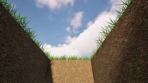 Grave pit cloudy sky rectangle hole underground Stock Footage 303503667