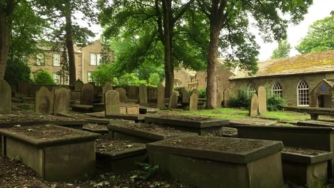 The grave yard and parsonage at Haworth in West Yorkshire England Stock Footage