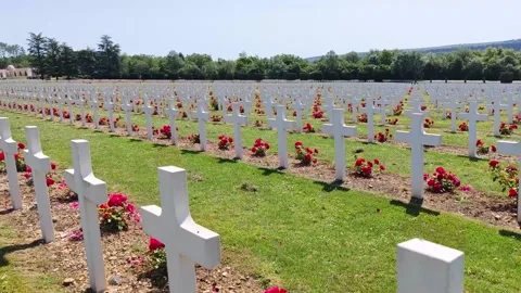 Graves in rows of the soldiers cemetry of the Douaumont Ossuary Stock Footage 201110917