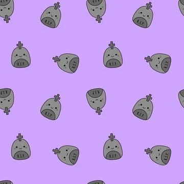Graves on seamless pattern. Squishmallow. Cute grave. Kawaii, Vector Stock Illustration