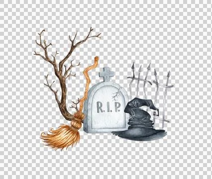 Gravestone broom witch hat tree watercolor Stock Illustration