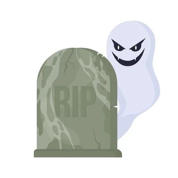 Gravestone with creepy ghost semi flat color vector item Stock Illustration