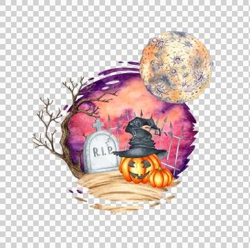 Gravestone on a hill with a moon tree and pumpkin on a watercolor background Stock Illustration