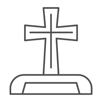 Gravestone thin line icon. Cemetery box with christian cross. Halloween party Stock Illustration