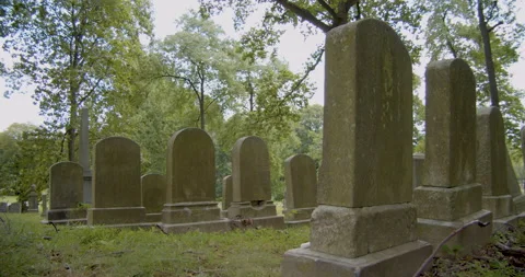 Gravestones on hill with wind blown trees Stock Footage 135361672