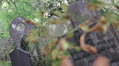 Gravestones &amp; Leaves Pull Focus in Old Church Yard Stock Footage 42508744