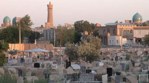 Graveyard, Bukhara skyline, mosque, Uzbekistan, Silk Road Stock Footage