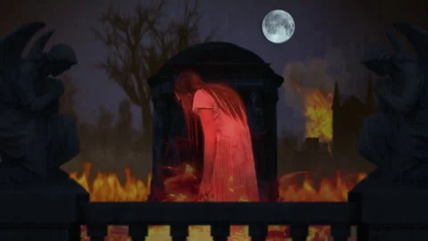 Graveyard, cemetery catched on fire. Ghost stands in the center of the frame Video stock 252201069