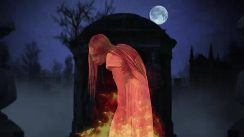 Graveyard, cemetery catched on fire. Ghost stands in the center of the frame Video stock 252201605