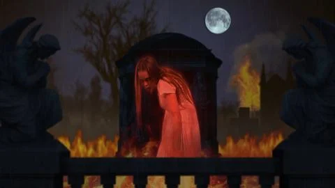 Graveyard, cemetery catched on fire. Ghost stands in the center of the frame Stock Photos