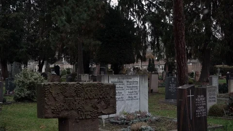 Graveyard with grave stones and trees Stock Footage 100373279