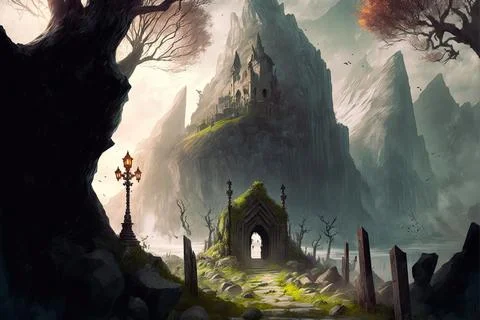 A Graveyard On Mountainous Cliffs Stock Illustration