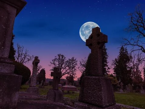 Graveyard at Night  with Full Moon Overhead  Stock Photos