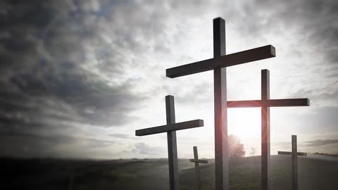 Graveyard with old black crosses. 3D illustration Stock Illustration