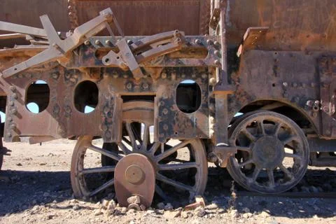 Graveyard of rusty old trains in Uyuni, Bolivia Stock Photos
