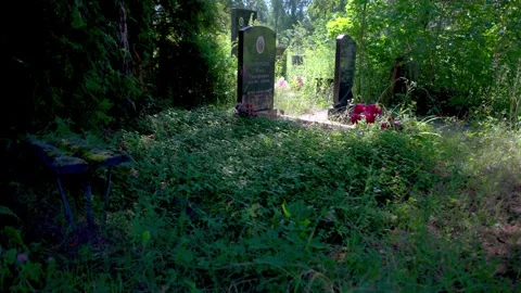 Graveyard,bench, passage of time, obelisks, monuments Stock Footage 279648018
