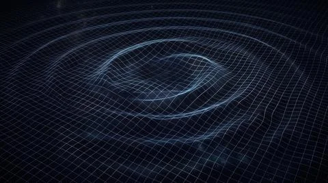Gravitational waves distortion on dark spacetime grid surface. Stock Illustration