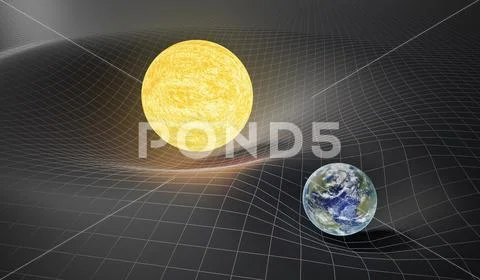 Gravity and general theory of relativity concept. Earth and Sun on distorted Stock Illustration