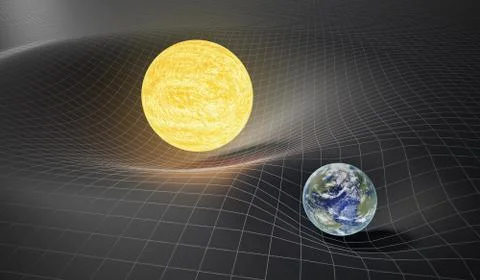 Gravity and general theory of relativity concept. Earth and Sun on distorted  Stock Illustration