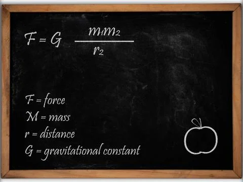 Gravity maths equation written on chalkboard background Stock Illustration