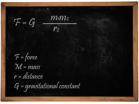 Gravity maths equation written on chalkboard background Stock Illustration
