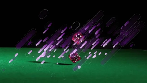 Gravity pulling two translucent red dice, descending and bouncing on green felt, Stock Footage 328347718