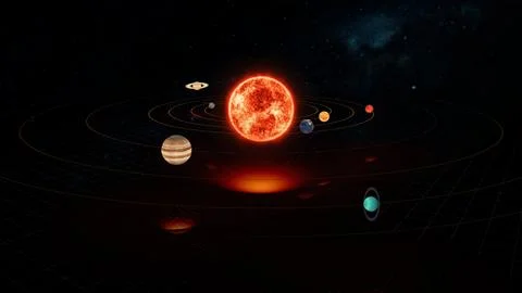 Gravity Space-Time Wireframe Simulation of Sun and Planets in Solar System Stock Illustration