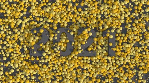 Gray 2021 typography design. Yellow glossy balls. 3d render. Stock Illustration