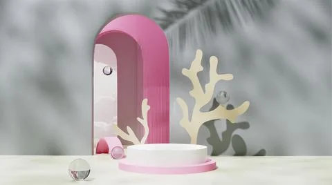 Gray 3d background with podium, pink arches, glass balls, seaweed Stock Illustration