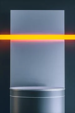 Gray 3d render cylinder stand podium with yellow neon light Stock Photos