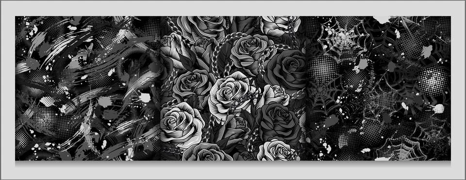 Gray abstract camo patterns with roses, spiderweb Stock Illustration