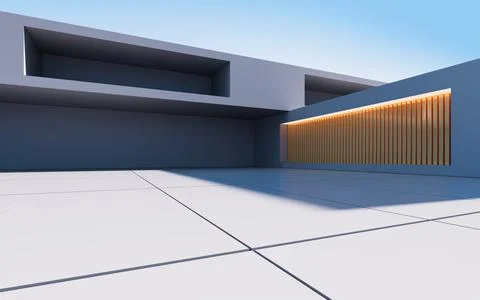 Gray abstract geometric construction, empty outdoor architecture scene, 3d re Illustrazione stock