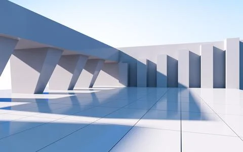 Gray abstract geometric construction, empty outdoor architecture scene, 3d re Stock Illustration