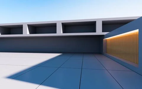 Gray abstract geometric construction, empty outdoor architecture scene, 3d re Illustrazione stock