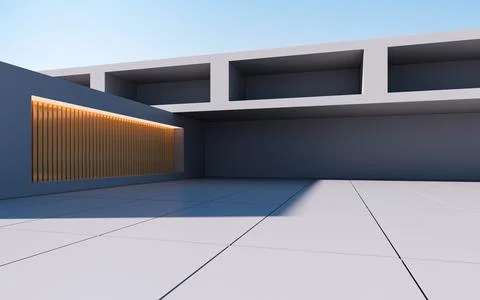 Gray abstract geometric construction, empty outdoor architecture scene, 3d re Stock Illustration