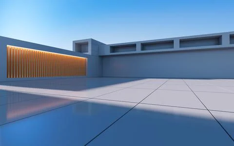 Gray abstract geometric construction, empty outdoor architecture scene, 3d re Illustrazione stock
