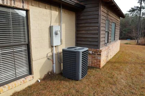 Gray Air Conditioner Condensor unit next to home Stock Photos