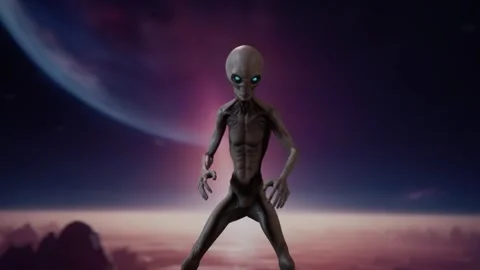 Gray alien looks around in horror on a strange planet Stock Footage 258532218