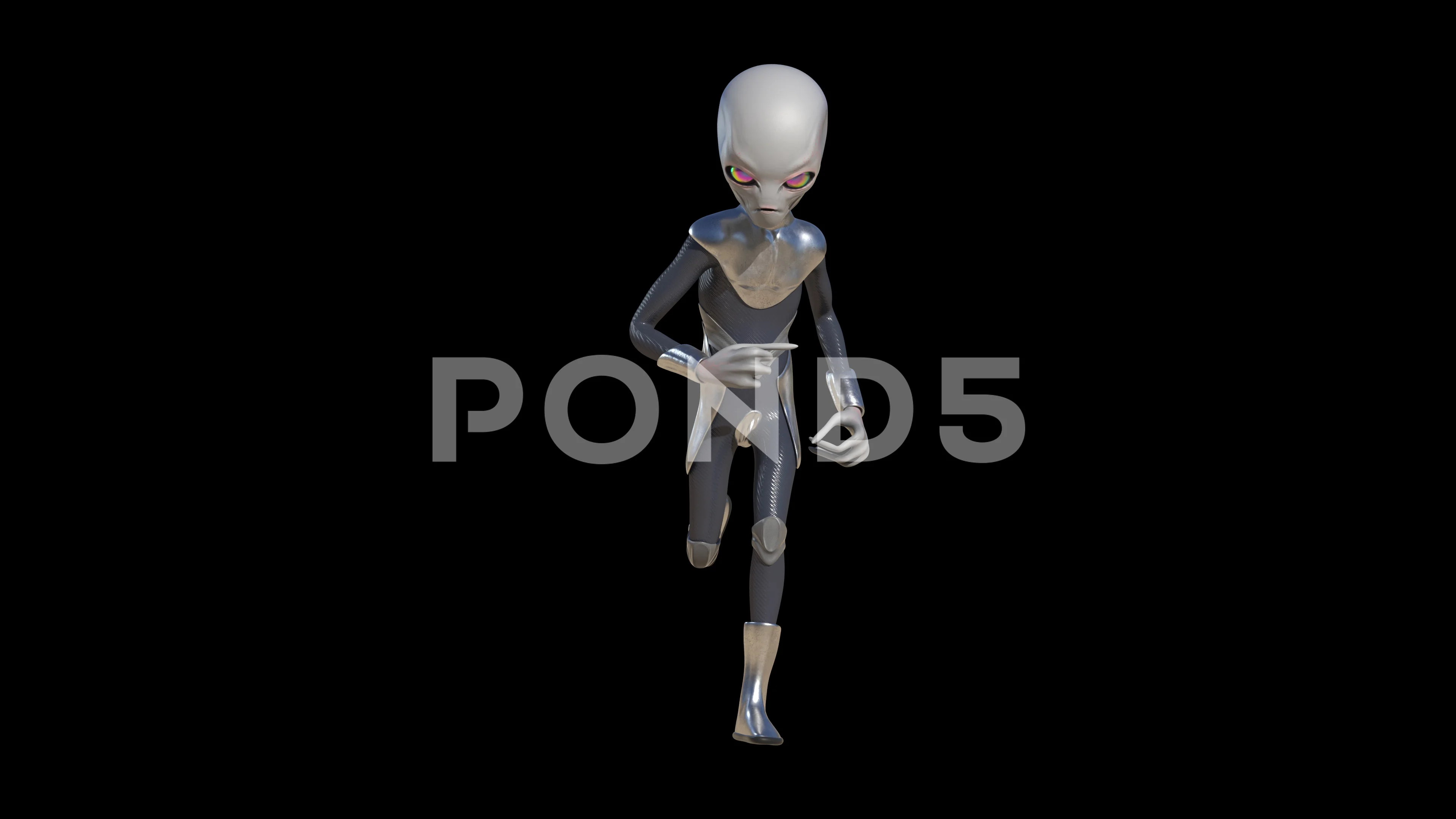 Gray Alien Runcycle Front Loop Alpha Matte 3D Rendering Animation 4K