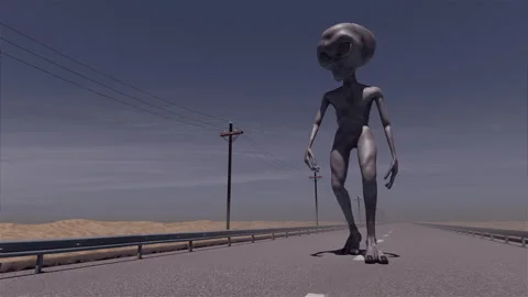 Gray Alien walking in Loop on a highway Stock Footage 234108457