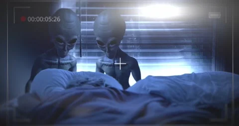 Gray Aliens in a Bedroom Stock Footage 161078698