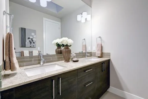 Gray and clean bathroom design in brand new home features double sink vanity  Stock-Fotos