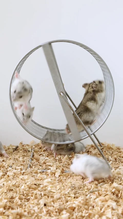 Gray and white hamsters crawl, ride on a wheel. A brood of little hamsters. Stock Footage 244933269