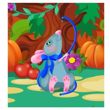 Gray animated mouse drinks water from a blue hose. Vector cartoon close-up Stock Illustration