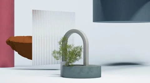 Gray arc and round blue podium display on white background with small plant Stock Illustration